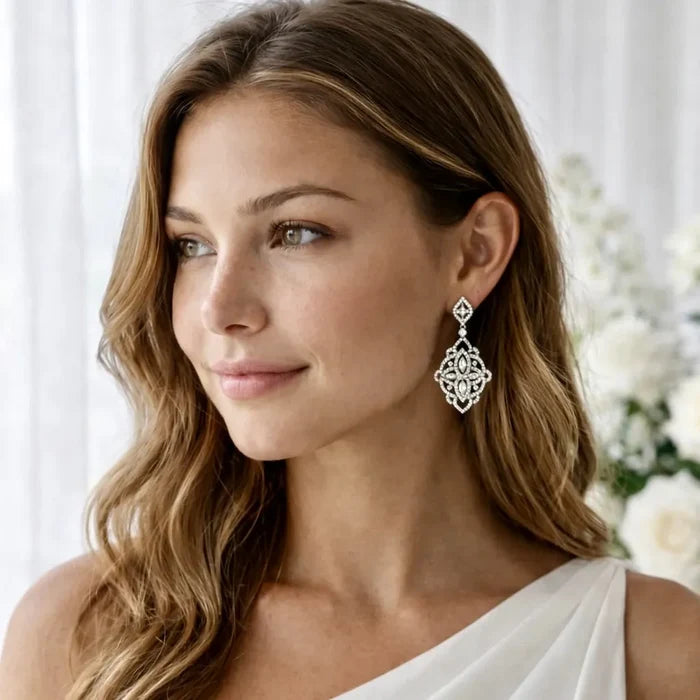 Wedding Jewelry - Silver Cubic Zirconia Bridal Earrings