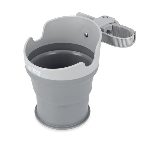The Collapsible Stroller Cup Holder is a gray cup holder with a clamp attachment, featuring an open top and flexible sides for convenience, designed to mount onto surfaces like strollers or wheelchairs.
