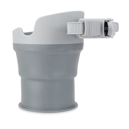 The Collapsible Stroller Cup Holder in gray and white, featuring a sturdy clamp for secure attachment, is displayed in a side view against a white background.