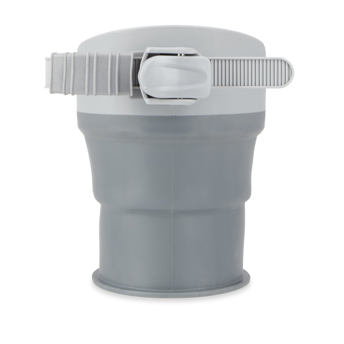 The Collapsible Stroller Cup Holder is a gray silicone funnel with a plastic rim and adjustable strap with snap buckle, perfect for strollers, shown against a white background.