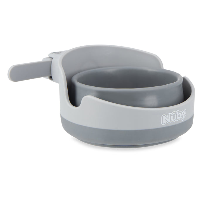 A gray and light gray Collapsible Stroller Cup Holder by Nûby, featuring a circular bowl, built-in handle, and cup holder, designed for toddlers.