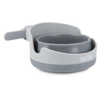 A gray and light gray Collapsible Stroller Cup Holder by Nûby, featuring a circular bowl, built-in handle, and cup holder, designed for toddlers.