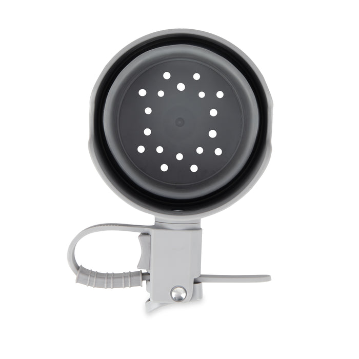 Top view of a round, gray plastic kitchen strainer with a handle featuring a grip and hanging hook. Central holes allow draining—ideal to pair with the Collapsible Stroller Cup Holder in your kitchen setup.