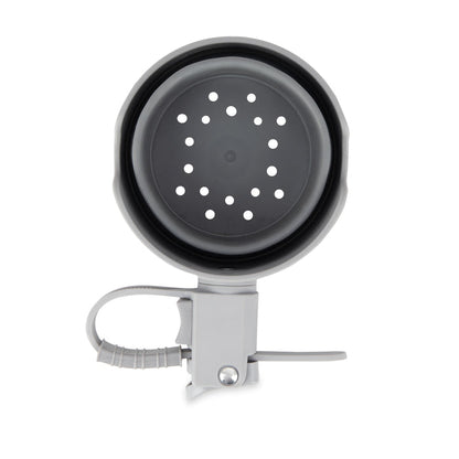 Top view of a round, gray plastic kitchen strainer with a handle featuring a grip and hanging hook. Central holes allow draining—ideal to pair with the Collapsible Stroller Cup Holder in your kitchen setup.