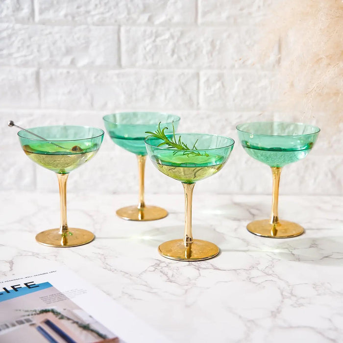 Colored Coupe Art Deco Glasses, Gold