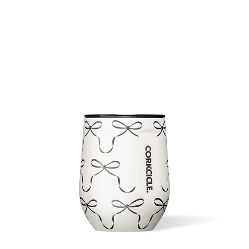 Stemless wine glass with bow pattern and Corkcicle logo on a white background