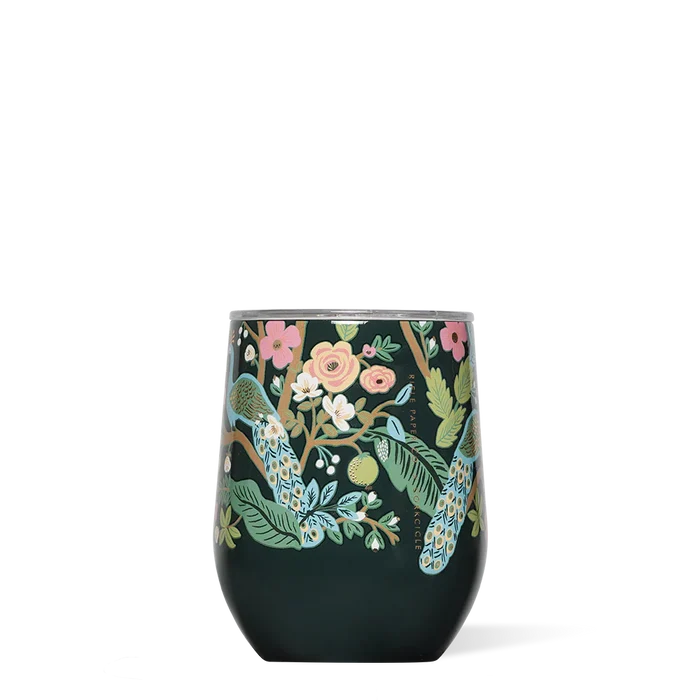 Dark green tumbler with floral and bird design on a white background