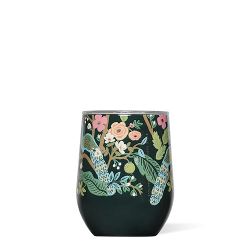 Dark green tumbler with floral and bird design on a white background