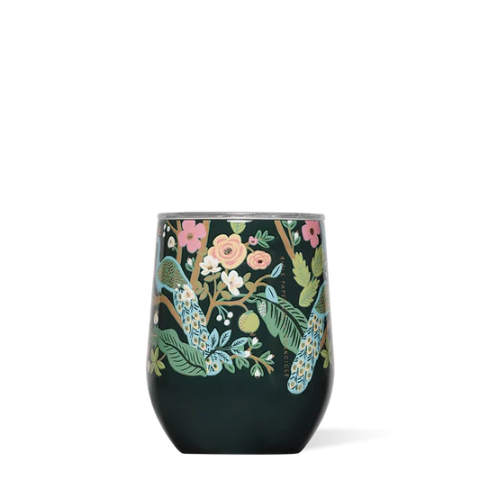 Dark green tumbler with floral and bird design on a white background