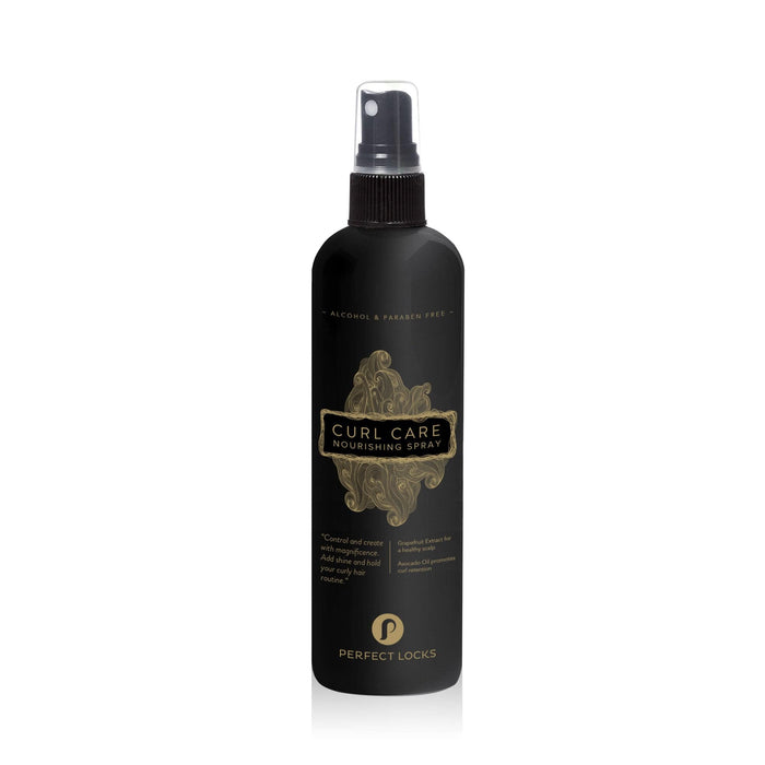 A black bottle of Perfect Locks Curl Care Nourishing Spray with a gold label and nozzle. Alcohol- and paraben-free formula.