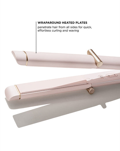 Pink hair straightener with wraparound heated plates on a white background