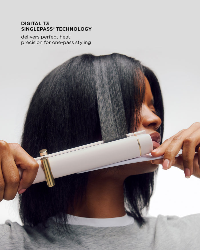 Person using a pink hair straightener on their hair with text about Digital T3 SinglePass Technology.