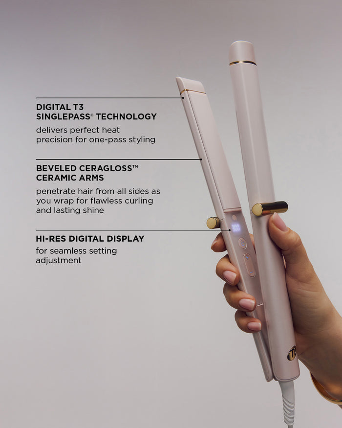Hair straightener held by a hand with text detailing features on a light gray background