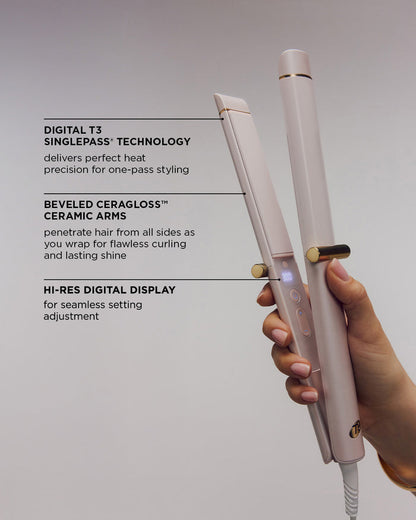 Hair straightener held by a hand with text detailing features on a light gray background