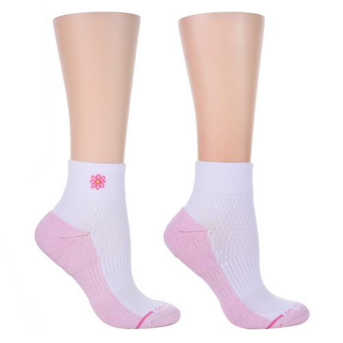 Quarter-length compression socks in white with pink accents and a flower design on the cuff.
