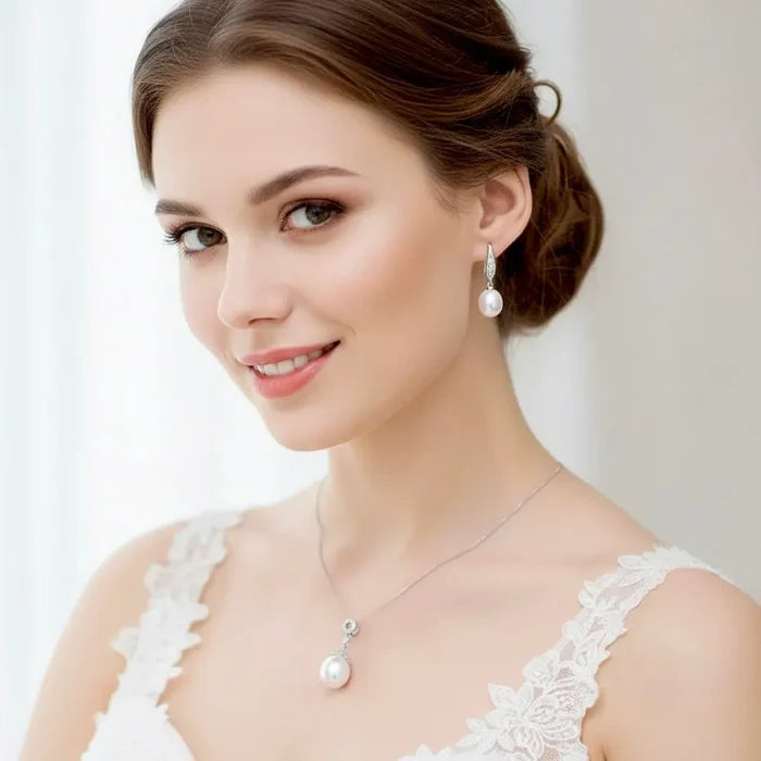 Pearl Wedding Jewelry - Sterling Silver and Natural Pearl Bridal Jewelry Set