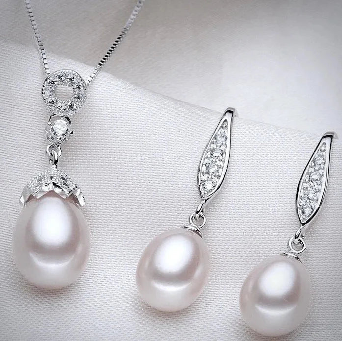 Pearl Wedding Jewelry - Sterling Silver and Natural Pearl Bridal Jewelry Set