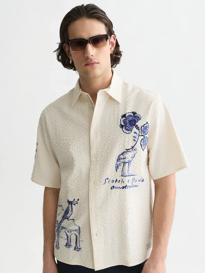 Delfts Blauw Worked-Out Relaxed-Fit Short-Sleeved Shirt Eggnog