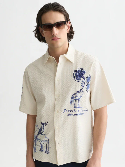 Delfts Blauw Worked-Out Relaxed-Fit Short-Sleeved Shirt Eggnog