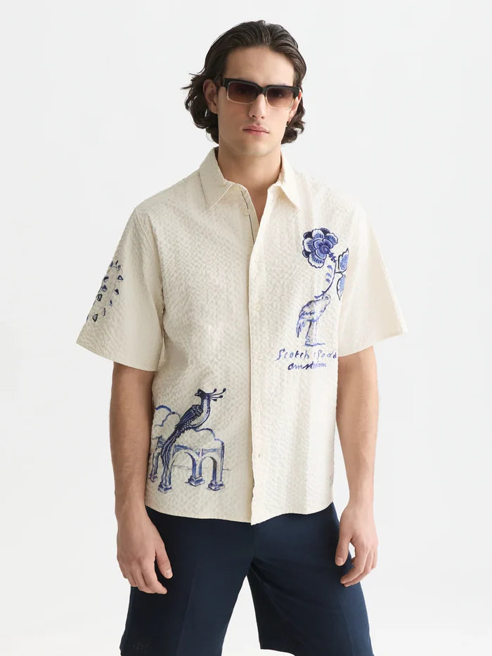 Delfts Blauw Worked-Out Relaxed-Fit Short-Sleeved Shirt Eggnog