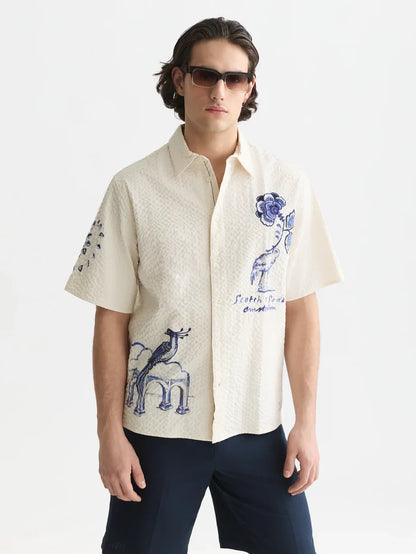 Delfts Blauw Worked-Out Relaxed-Fit Short-Sleeved Shirt Eggnog