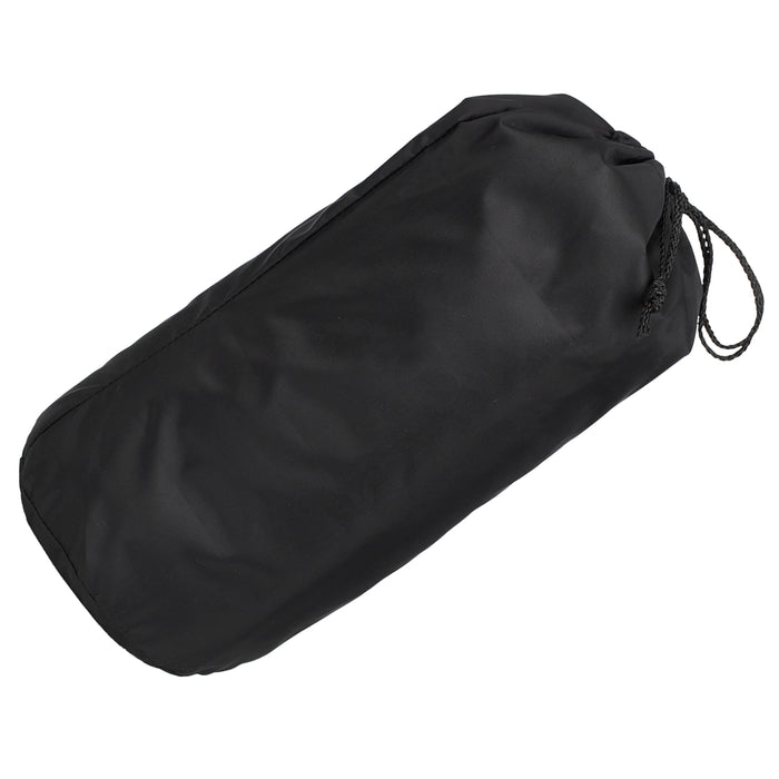 The Deluxe Stroller Weather Shield, a black fabric drawstring bag with universal stroller fit, is shown laying on its side against a white background.