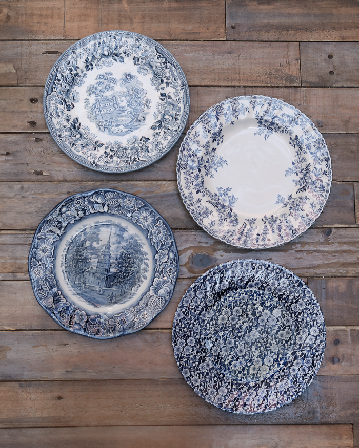 maman blue and white floral dinner plate set — all four plate designs