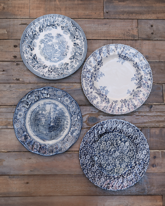 maman blue and white floral dinner plate set — all four plate designs