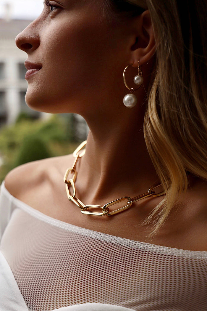 DISCONTINUED E1609G Gold Earrings-Oversized Audrey Pearl Hoops
