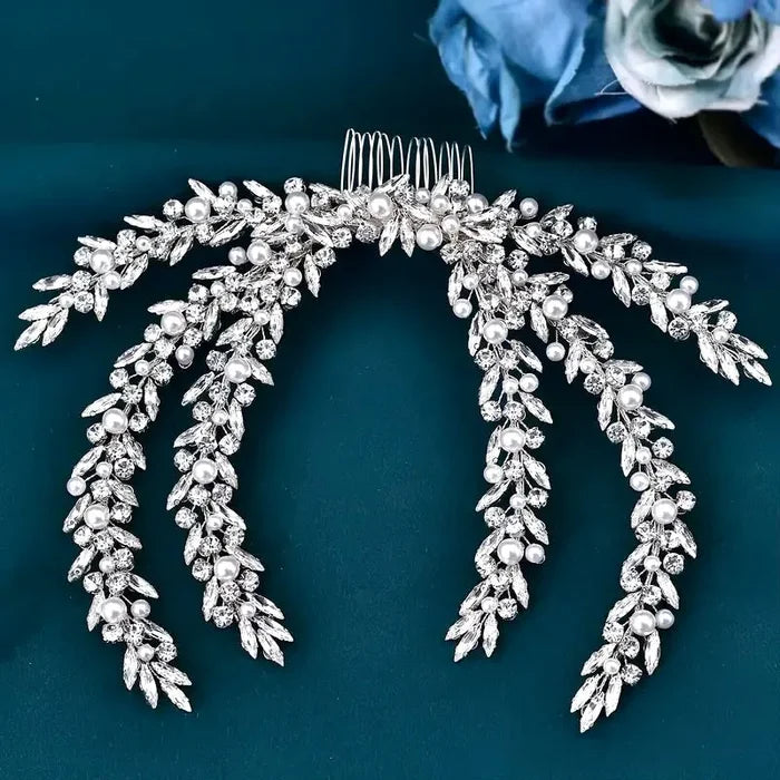 Silver Bridal Headdress with Crystals & Pearls | Wedding Hair Accessory