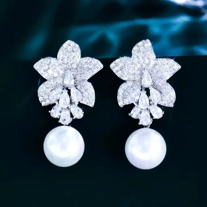 Eleana - Pearl and Cubic Zirconia Bridal Earrings