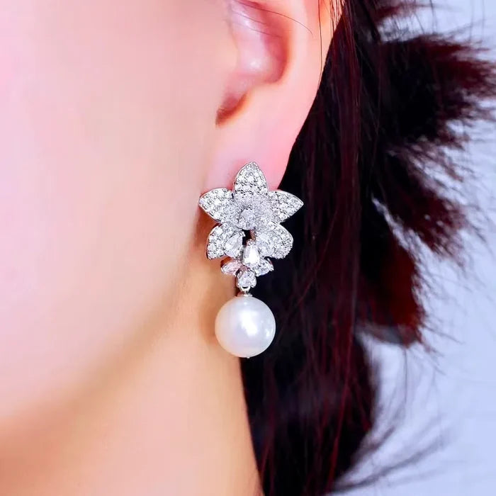 Wedding Jewelry - Pearl and Cubic Zirconia Bridal Earrings