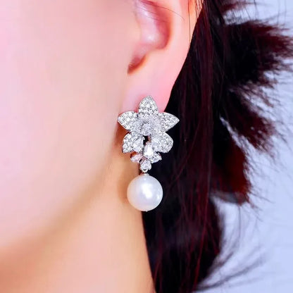 Wedding Jewelry - Pearl and Cubic Zirconia Bridal Earrings