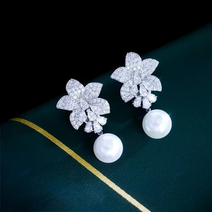 Wedding Jewelry - Pearl and Cubic Zirconia Bridal Earrings