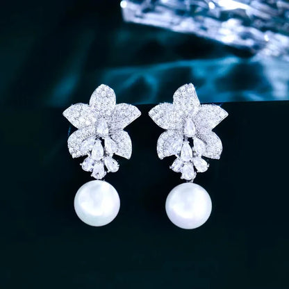 Wedding Jewelry - Pearl and Cubic Zirconia Bridal Earrings