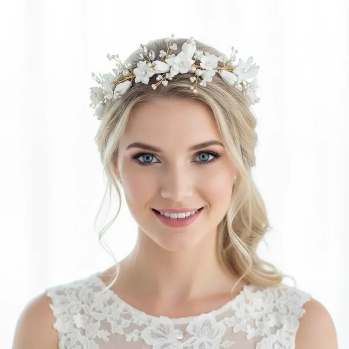 Wedding Hair Accessories - Ceramic Flowers and Pearls Bridal Headband - available in Silver and Gold