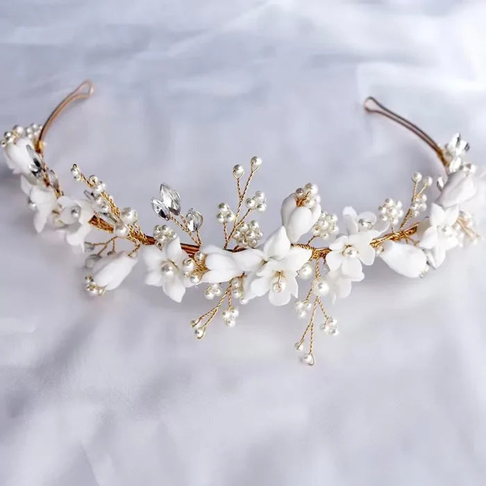 Wedding Hair Accessories - Ceramic Flowers and Pearls Bridal Headband - available in Silver and Gold