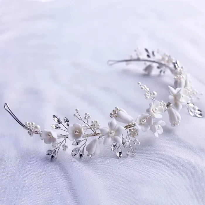 Wedding Hair Accessories - Ceramic Flowers and Pearls Bridal Headband - available in Silver and Gold