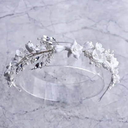 Wedding Hair Accessories - Ceramic Flowers and Pearls Bridal Headband - available in Silver and Gold