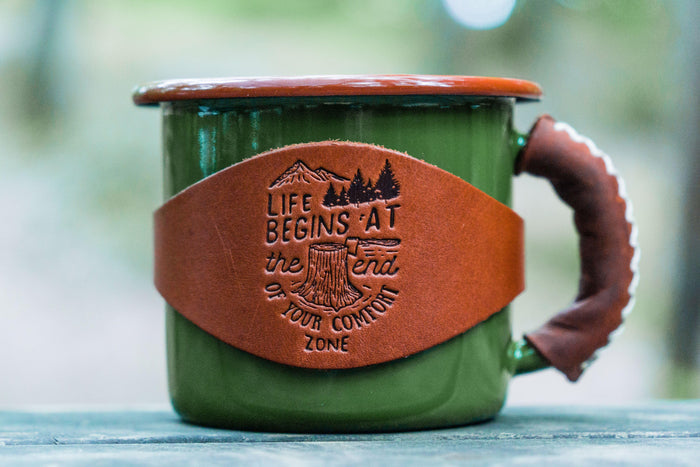 Enamel Mug with Leathered Handle - Green