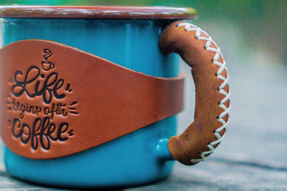 Enamel Mug with Leathered Handle - Turquoise