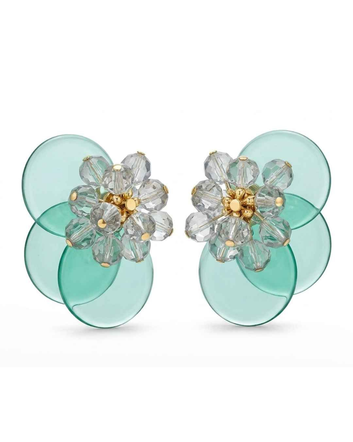 Mint green floral statement earrings with clear crystal blossoms on layered translucent discs