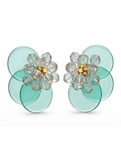 Mint green floral statement earrings with clear crystal blossoms on layered translucent discs
