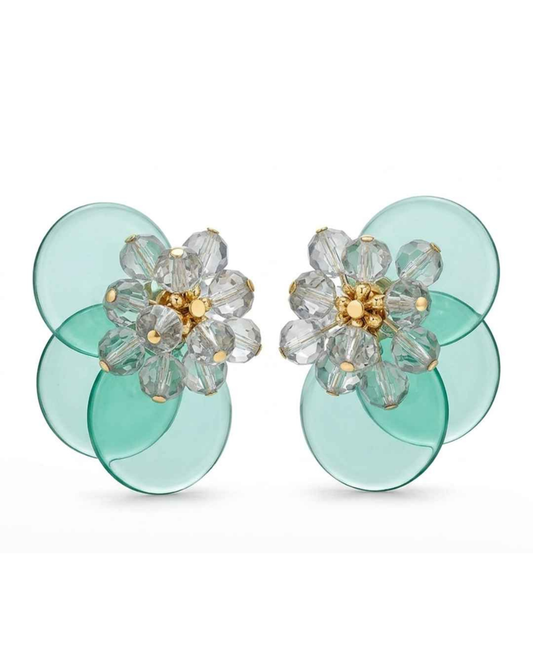 Mint green floral statement earrings with clear crystal blossoms on layered translucent discs