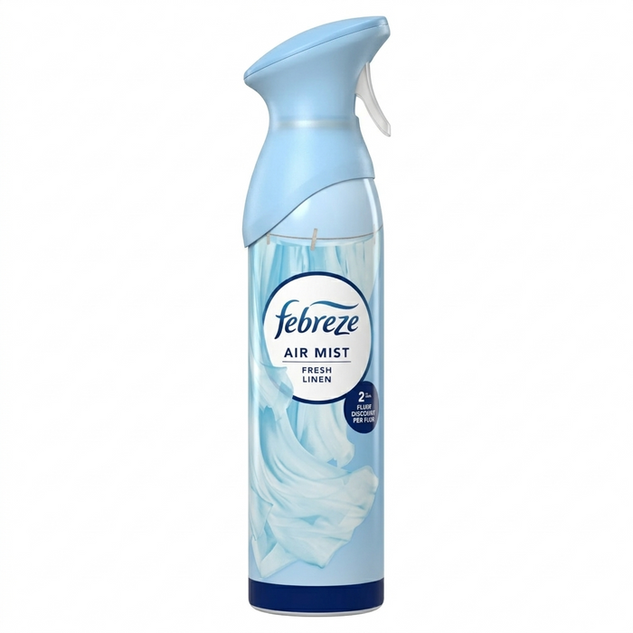 Febreze Air Mist Fresh Linen spray bottle on a white background