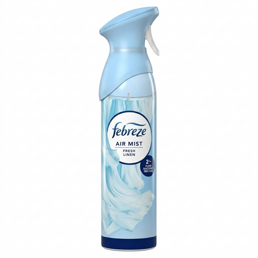 Febreze Air Mist Fresh Linen spray bottle on a white background