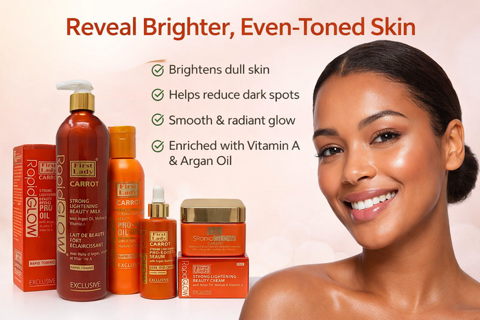 First Lady Rapid Glow Carrot Brightening Kit (4 Items) – Dark Spot Routine Set | Lotion, Oil, Serum & Face Cream