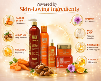 First Lady Rapid Glow Carrot Brightening Kit (4 Items) – Dark Spot Routine Set | Lotion, Oil, Serum & Face Cream