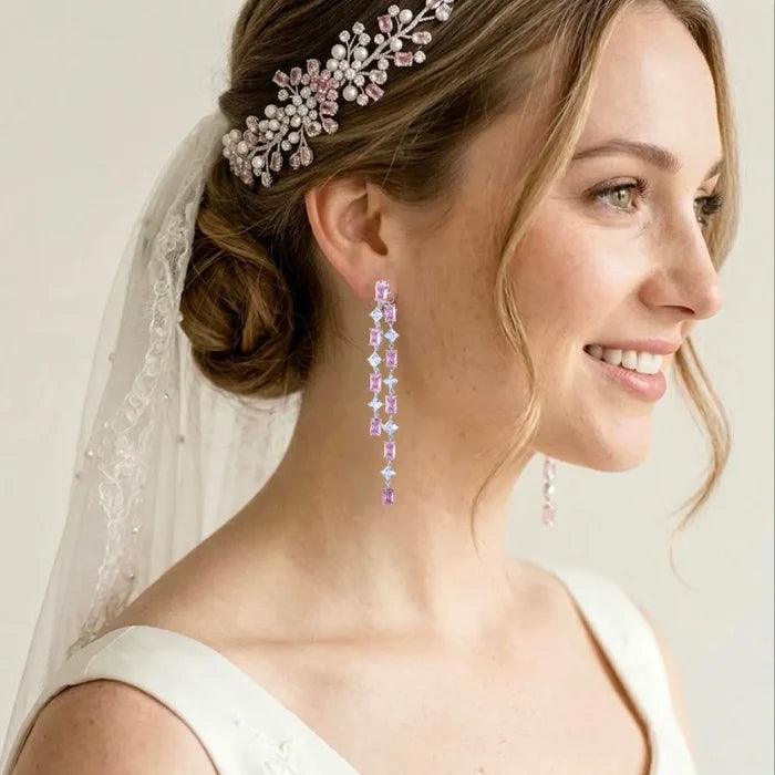 Pink CZ Wedding Jacket Earrings | Two-in-One Bridal Earrings