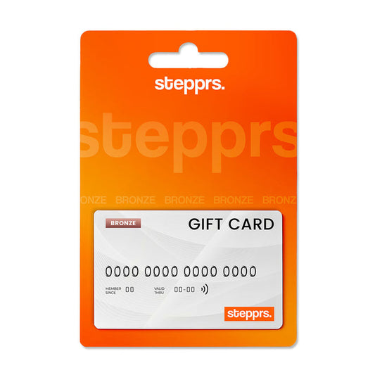 A white Stepprs Bronze gift card mounted on an orange retail backing.